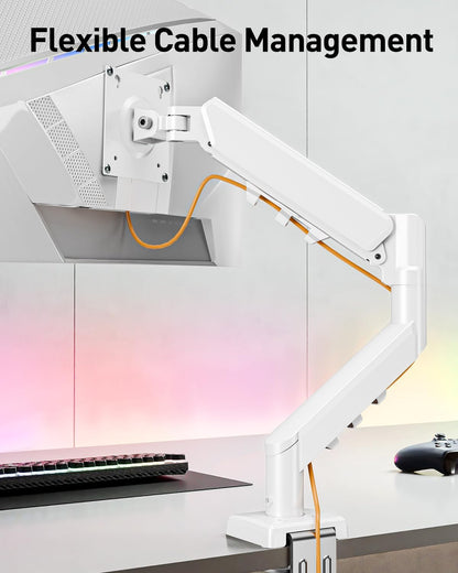 ELIVED Single Monitor Arm - Adjustable Gas Spring Monitor Stand for 13-32 Inch Screens up to 9KG, Ergonomic Desk Mount with Tilt, Swivel & Rotate, VESA 75/100mm, 2 Mounting Clamp, White, EV6013W