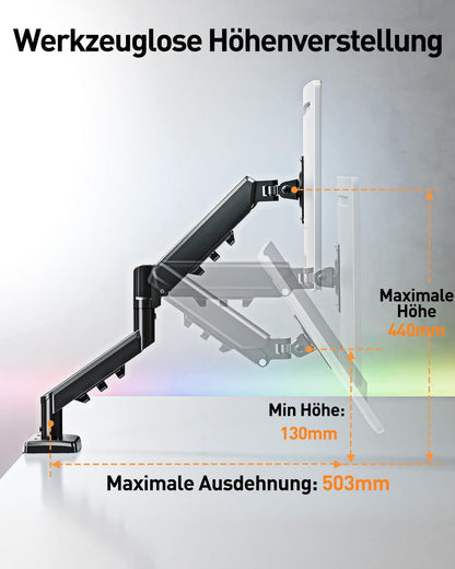 ELIVED EV6013B-DE Monitor Mount for 13 - 32 Inch Monitor, Ideal for 2-9 kg Gaming PC Screens with VESA 75/100 mm, Gas Spring Monitor Arm with Tilt, Swivel, Rotatable