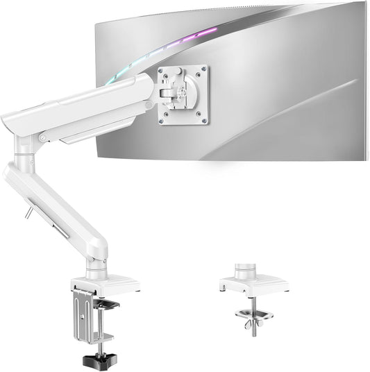 Freelift Single Arm Monitor Desk Mount for 13-32 inch Screen, Tool Free Height Adjustable Gas Spring Arm, Gaming Monitor Arm Holds 2-9kg, VESA 75 & 100mm, C-clamp & Grommet Options, White