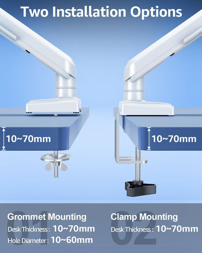 Freelift Single Arm Monitor Desk Mount for 13-32 inch Screen, Tool Free Height Adjustable Gas Spring Arm, Gaming Monitor Arm Holds 2-9kg, VESA 75 & 100mm, C-clamp & Grommet Options, White