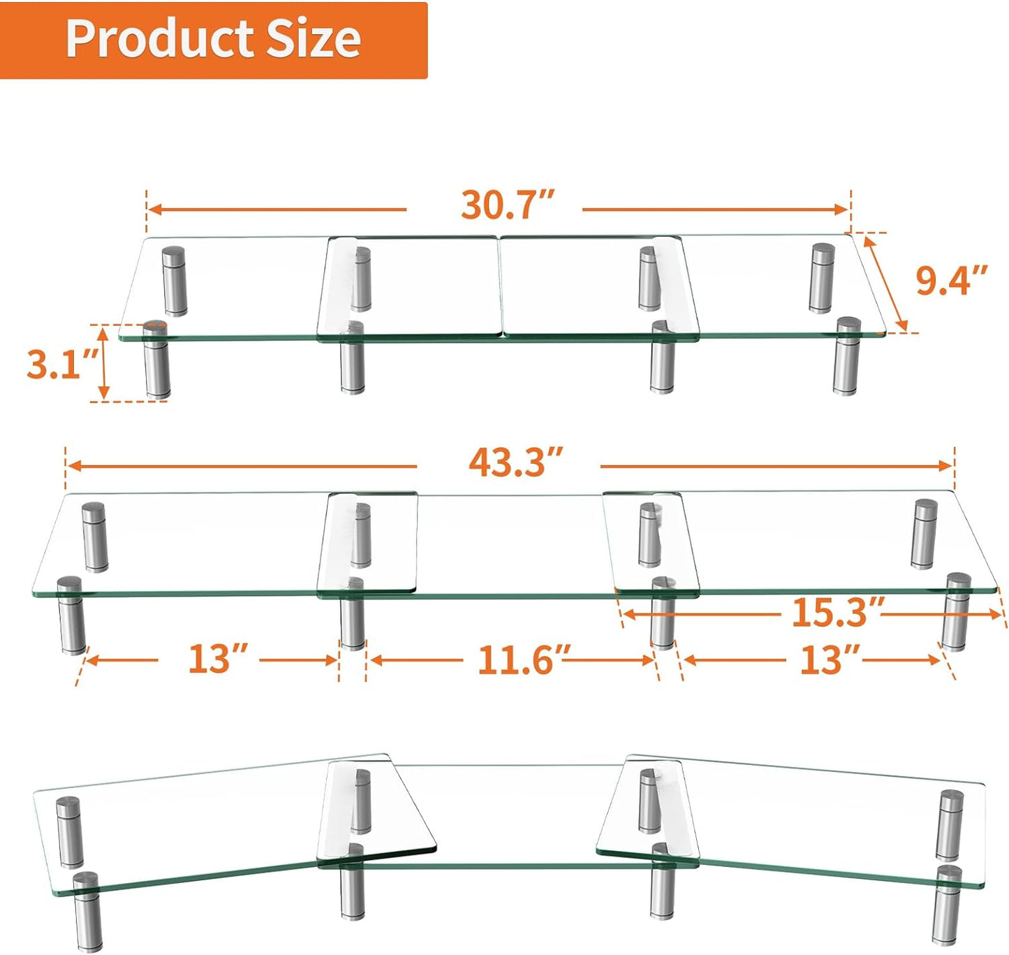 Ergofocus Dual Monitor Stand Riser, Tempered Glass Computer Monitor Riser, Clear Glass Monitor Riser for 2 Monitors, Adjustable Length and Angle Monitor Stand Riser for Computer, Laptop, PC,iMac