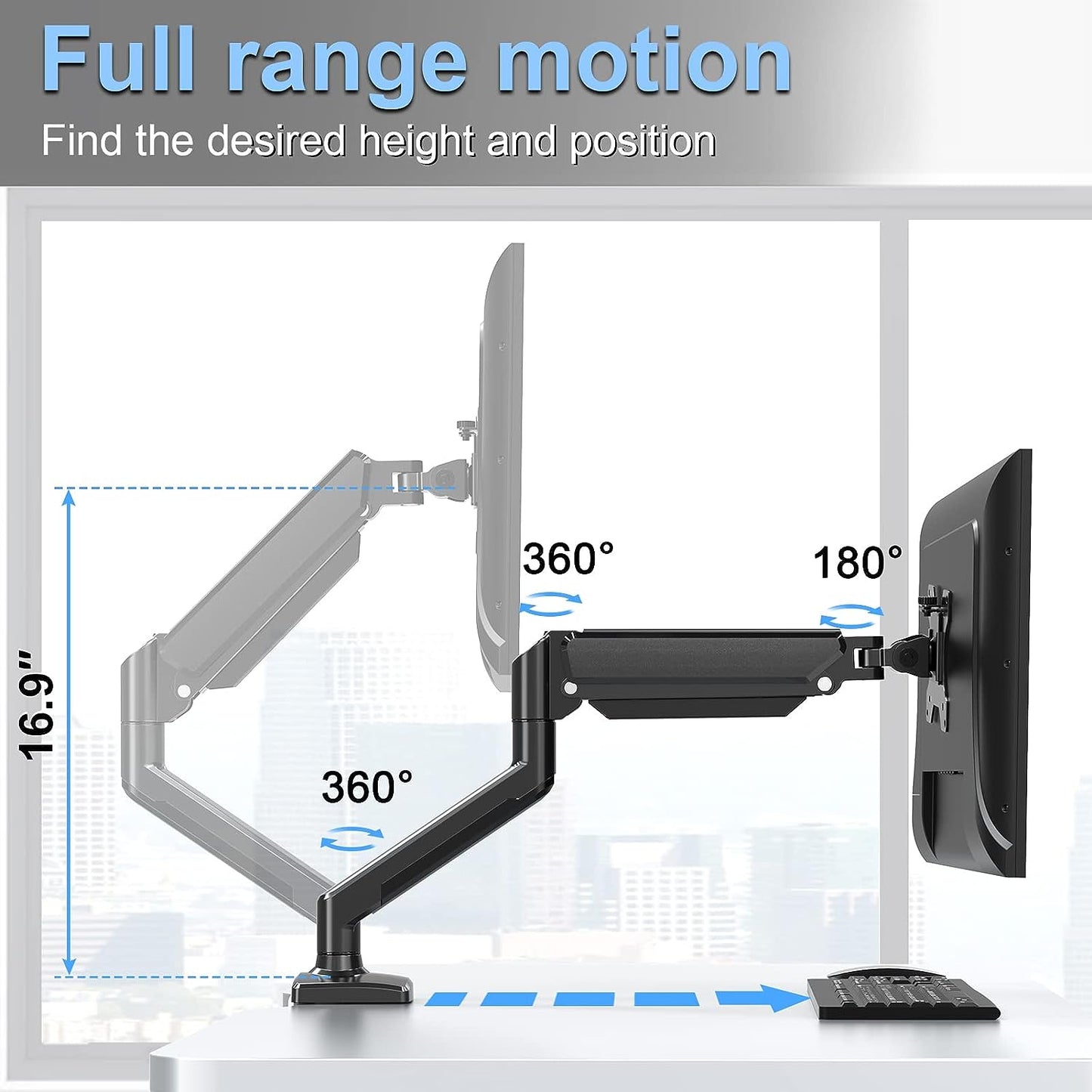 ErgoFocus Single Monitor Mount Arm Fits Monitor up to 32 Inch, Monitor Desk Mount Holds 4.4-19.8lbs Computer Screen, Full Motion Gas Spring Monitor Desk Mount, VESA Mount 75x75, 100x100