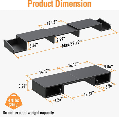 ELIVED Dual Monitor Stand Riser with Two Swivel Drawers, Monitor Stand with Adjustable Length and Angle, Monitor Riser for Desk, Desktop Organizer Stand for Computer, Laptop, Screen, Printer(Black)