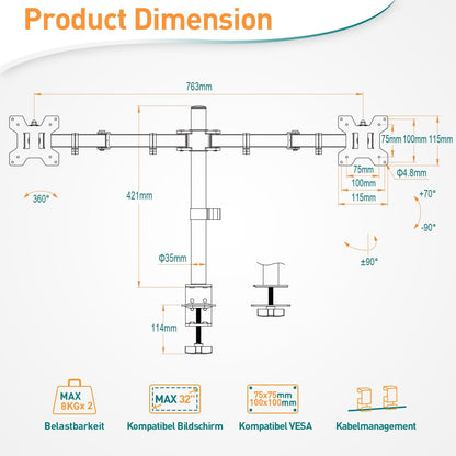 ELIVED Monitor Mount 2 Monitors for 13-32 Inch LED/LCD Screen from VESA 75/100, Dual Monitor Mount Tilting 160° Swivel 180° Height Adjustable Monitor Arm Desk 8 kg per Arm