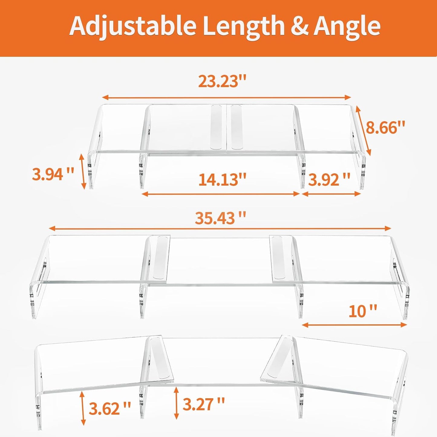 ErgoFocus Acrylic Monitor Stand Riser, Dual Monitor Stand with Adjustable Length and Angle, Clear Monitor Stand for 2 Monitors, 3 Shelf Monitor Stand Riser with Anti-Slip Mat for Computer