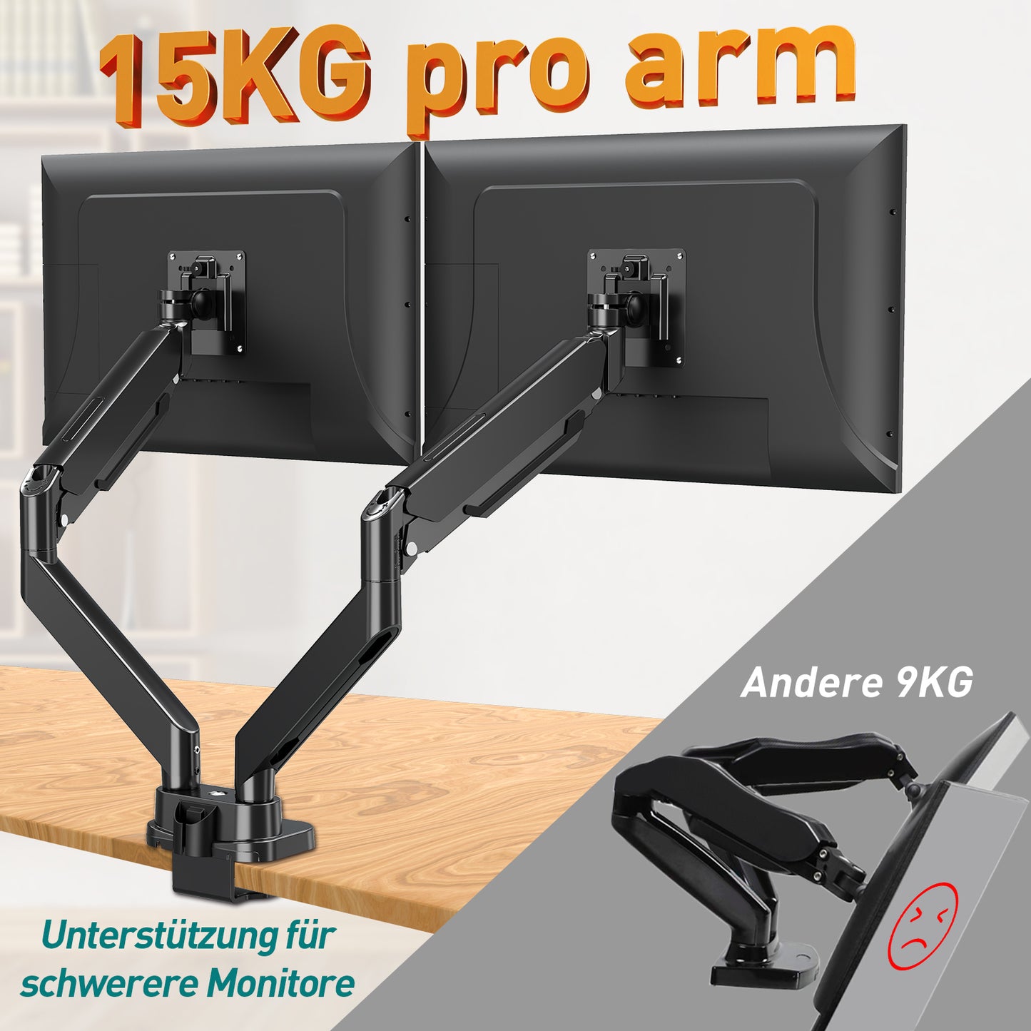 ELIVED Monitor Halterung 2 Monitore für 13-39" Bildschirme, Gasfeder Monitor Arm hält 2-15 kg Monitor mit VESA 75/100mm, Bildschirmhalterung 2 Monitore mit USB Kabeln EV3206