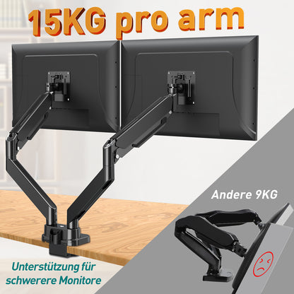 ELIVED Monitor Halterung 2 Monitore für 13-39" Bildschirme, Gasfeder Monitor Arm hält 2-15 kg Monitor mit VESA 75/100mm, Bildschirmhalterung 2 Monitore mit USB Kabeln EV3206