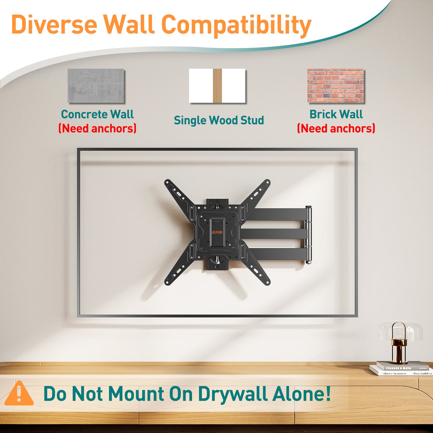 ELIVED TV Wall Bracket with 796mm Long Arm for Most 26-65 Inch TVs, Swivel and Tilt Long Extension TV Wall Mount, Full Motion Corner Wall Mount Max VESA 400x400mm up to 45kg