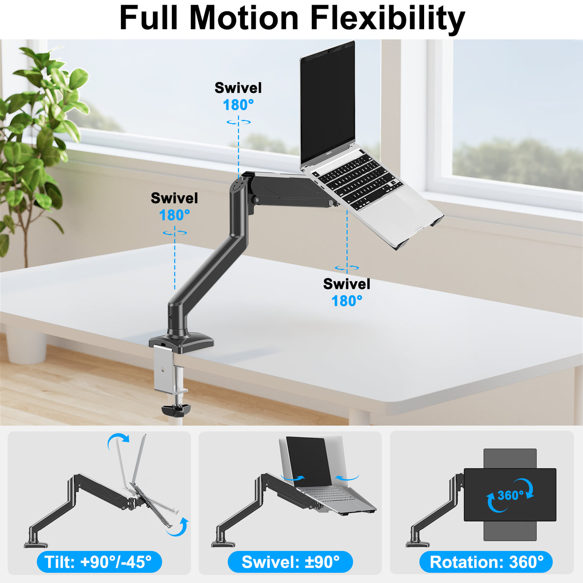 ErgoFocus  Laptop Stand Desk Mount, 2 in 1 Function, Single Monitor Mount  Fits Max 17" Notebook and 32" Computer Screen, Gas Spring Arm with Laptop Tray, Holds up to 17.6lbs