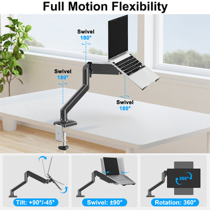 ErgoFocus  Laptop Stand Desk Mount, 2 in 1 Function, Single Monitor Mount  Fits Max 17" Notebook and 32" Computer Screen, Gas Spring Arm with Laptop Tray, Holds up to 17.6lbs