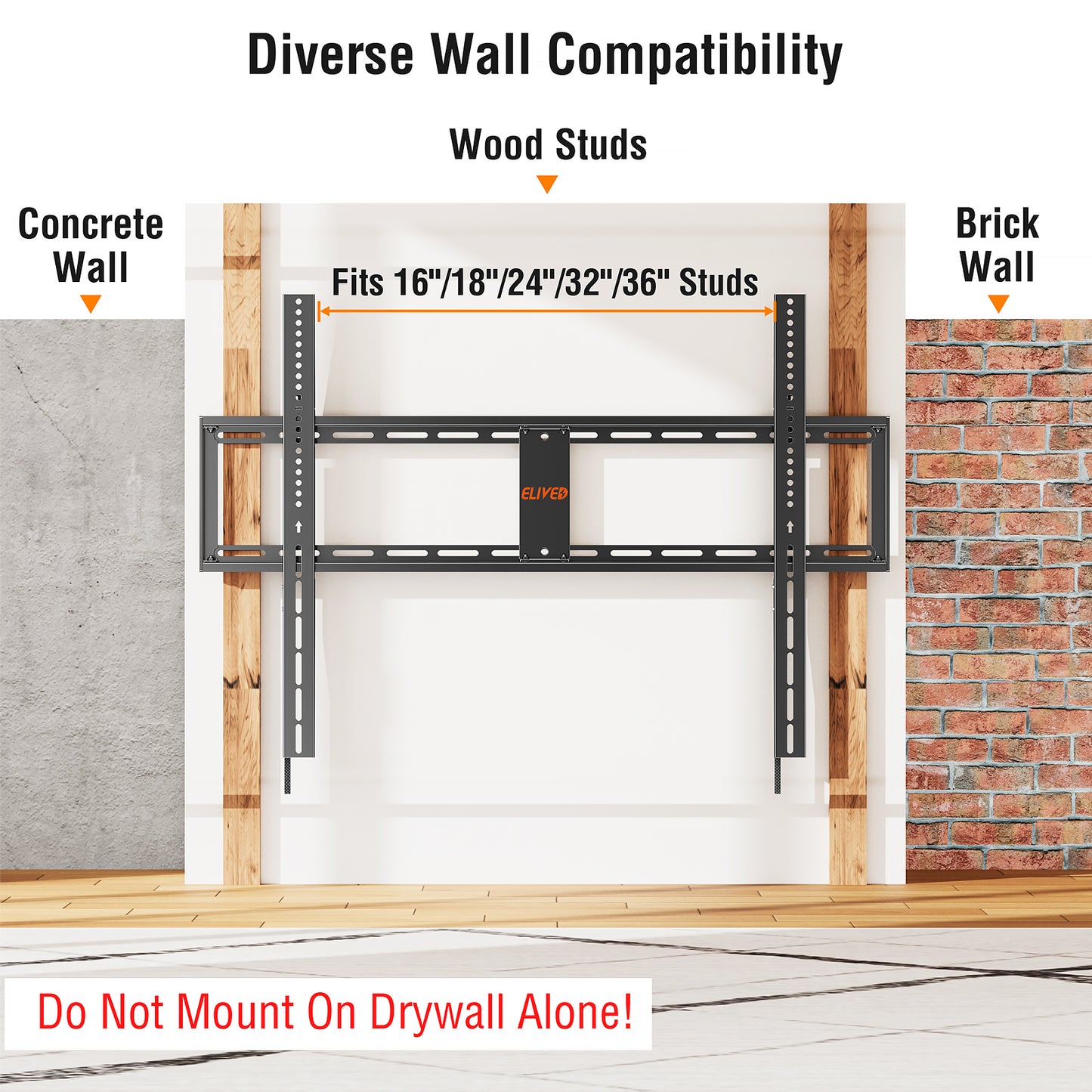 ELIVED Fixed TV Mount for Most 42-120 Inch Flat Screen tvs, Low Profile Wall Mount TV Bracket up to VESA 1000x700mm and 280 lbs - Fits 16", 24", 32", 36" Studs- Heavy Duty and Space Saving