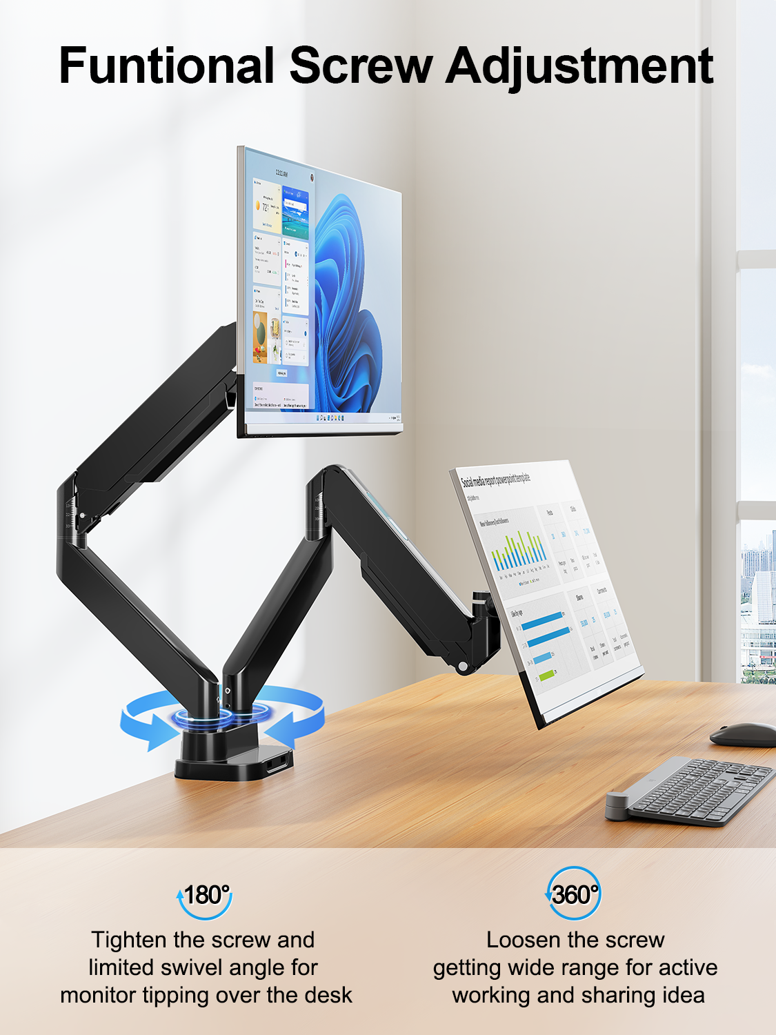 ErgoFocus Dual Monitor Mount Fits Max 39" Computer Screen, Hold 4.4-33 lbs Each Ultrawide Desk Mount, Adjustable Gas Spring Double Monitor Arm, Monitor Stand for 2 Monitors with USB, VESA