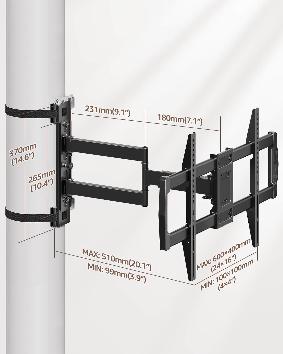 ELIVED Pillar TV Mount for Most 32"-75" TVs, Column TV Mount for Gazebo Patio Pergola, No Drill Full Motion tv Bracket Swivel and Tilt, Fits Multi-Shaped Poles, Max VESA 600x400mm, 88 Lbs.