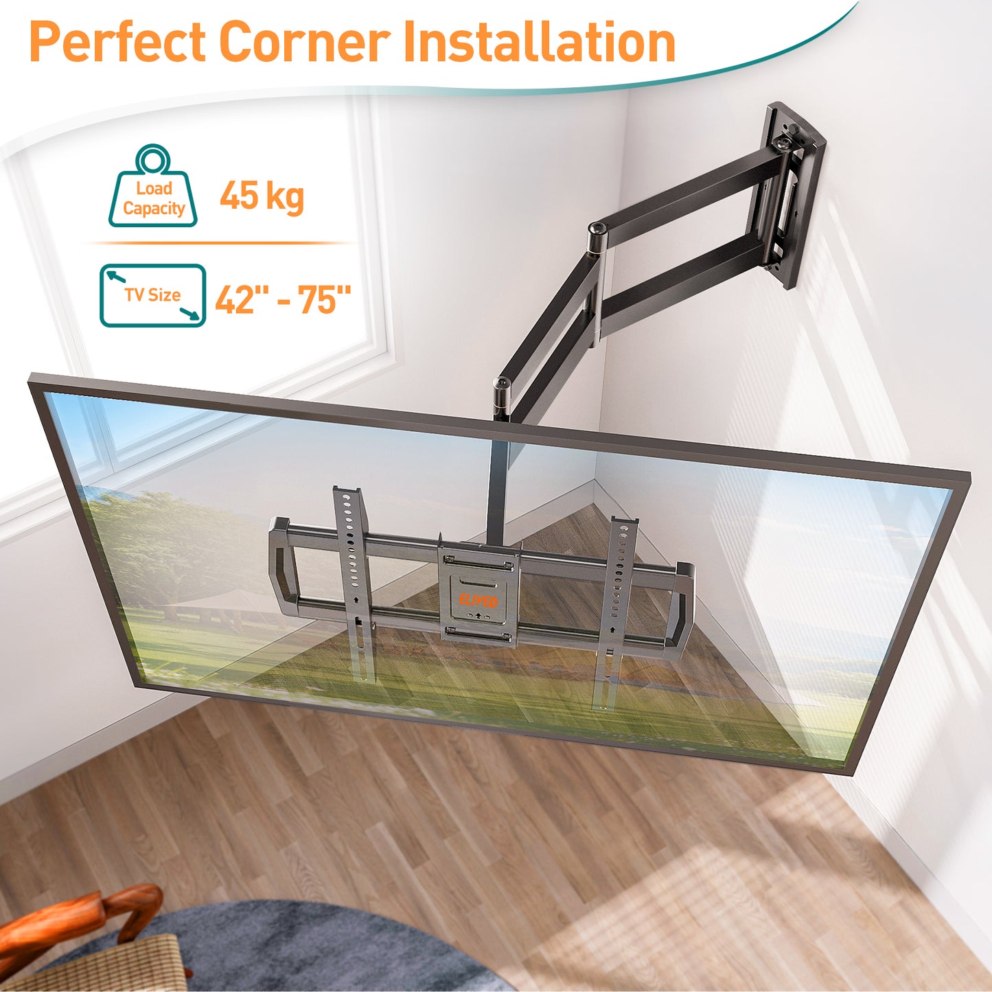 ELIVED 962mm Long Arm TV Wall bracket for Most 42-75 Inch TVs, Long Extension Corner TV Mount, Full Motion Wall Mount Bracket Swivel and Tilt, Holds up to 45KG. Max VESA 600x400mm