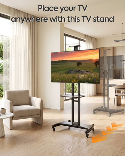 ELIVED Heavy‑Duty Rolling TV Stand for 40‑85 Inch TV Holds up to 100 lbs| Mobile TV Cart with wide anti‑tip base, 10-step height adjustment, max VESA 600x400, AV‑webcam shelves, lockable 360° casters