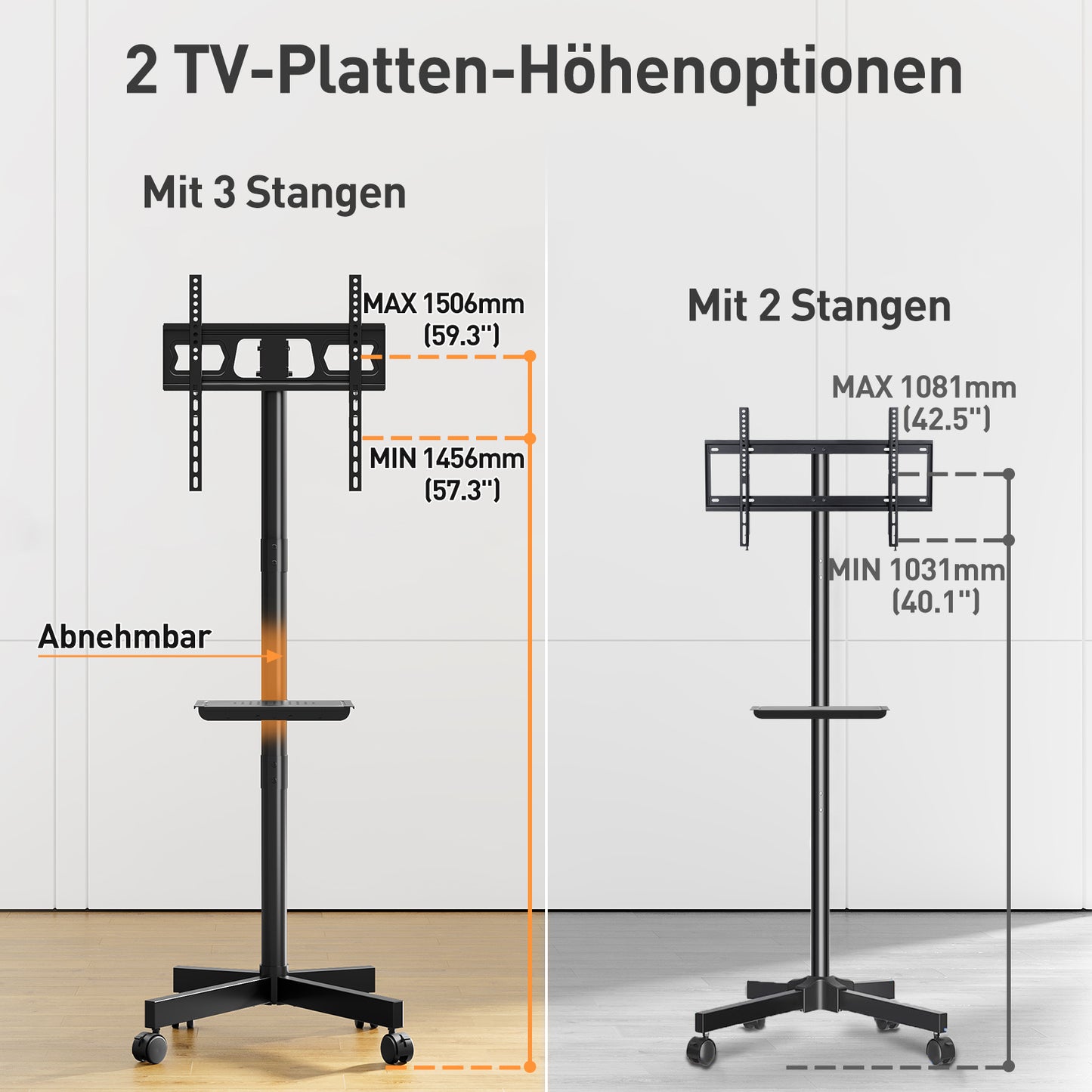 ELIVED TV Ständer Rollbar für 26-65 Zoll Fernseher bis zu 35kg, Max VESA 400x400mm, Mobiler TV Stand mit Rollen Höhenverstellbar Fernseher Bodenständer EV1117