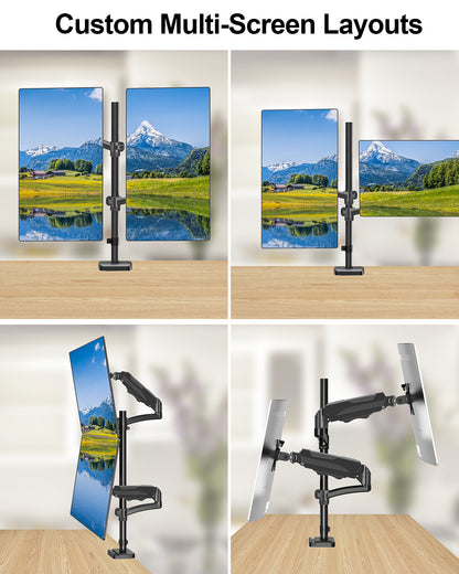 ErgoFocus  Vertical Dual Monitor Mount Fit up to 32", Stacked Monitor Stand for 2 Computer Screens, Gas Spring Full Motion Adjustable Tall Display Desk Mount, Each Arm Holds up to 17.6lbs, VESA Mount