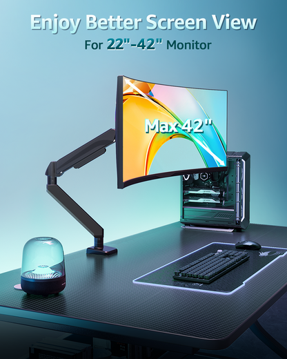 ErgoFocus Heavy Duty Single Monitor Arm for Max 42 Inch Screens, Monitor Mount for Desk Supports 4.4-33 lbs, Height Adjustable Ultrawide Monitors Stand with C-Clamp & Grommet Base, VESA Mount 70/100