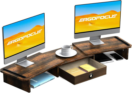ErgoFocus Dual Monitor Stand Riser with Drawer-Adjustable Length and Angle, Monitor Stand Riser for 2 Monitors, Desktop Organizer Stand for Computer/Laptop/PC/Printer (Rust Brown)