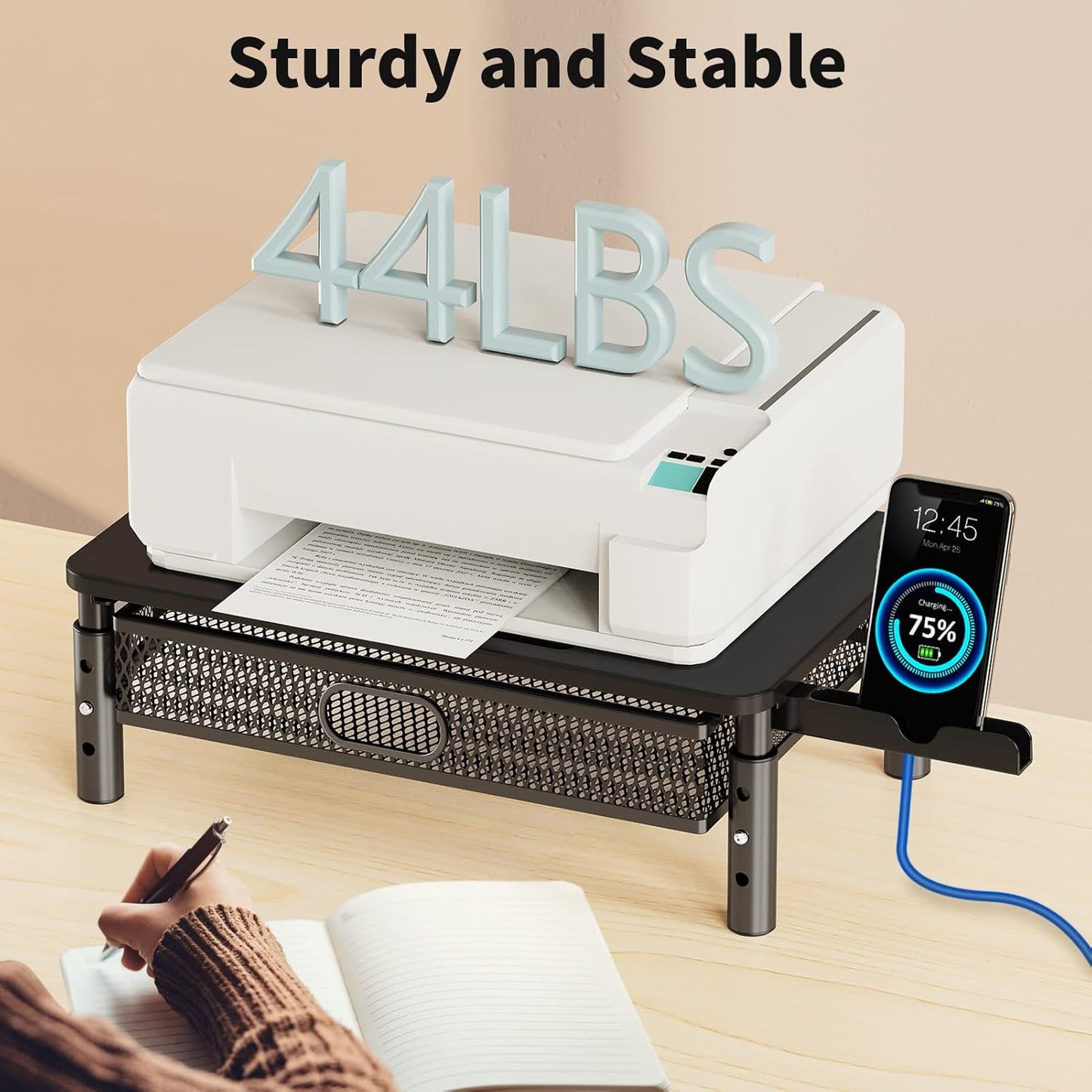 DreamAxis Monitor Stand Riser with Metal Mesh Drawer, Height Adjustable with Phone Holder for Computer, Laptop, Printer, Notebook, Computer Monitor Stand with Storage