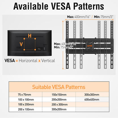 ELIVED UL Listed TV Mount for Most 26-65 Inch TVs, Full Motion TV Wall Mount Swivel and Tilt, Wall Mount TV Bracket Max VESA 400x400, Holds up to 100 lbs. Fits 8” 12” 16" Wood Studs.