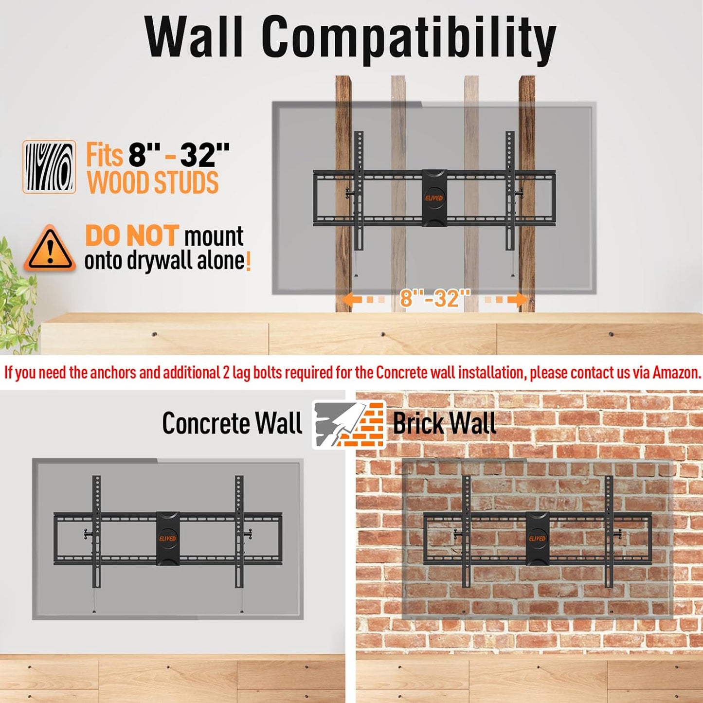 ELIVED TV Wall Mount for Most 42-86 Inch TVs, Max Load Capacity 120 lbs. Tilting TV Mount with Level Adjustment, TV Brackets for Wall Mount Max VESA 800x400mm, Fits 8-32 Inch Studs.