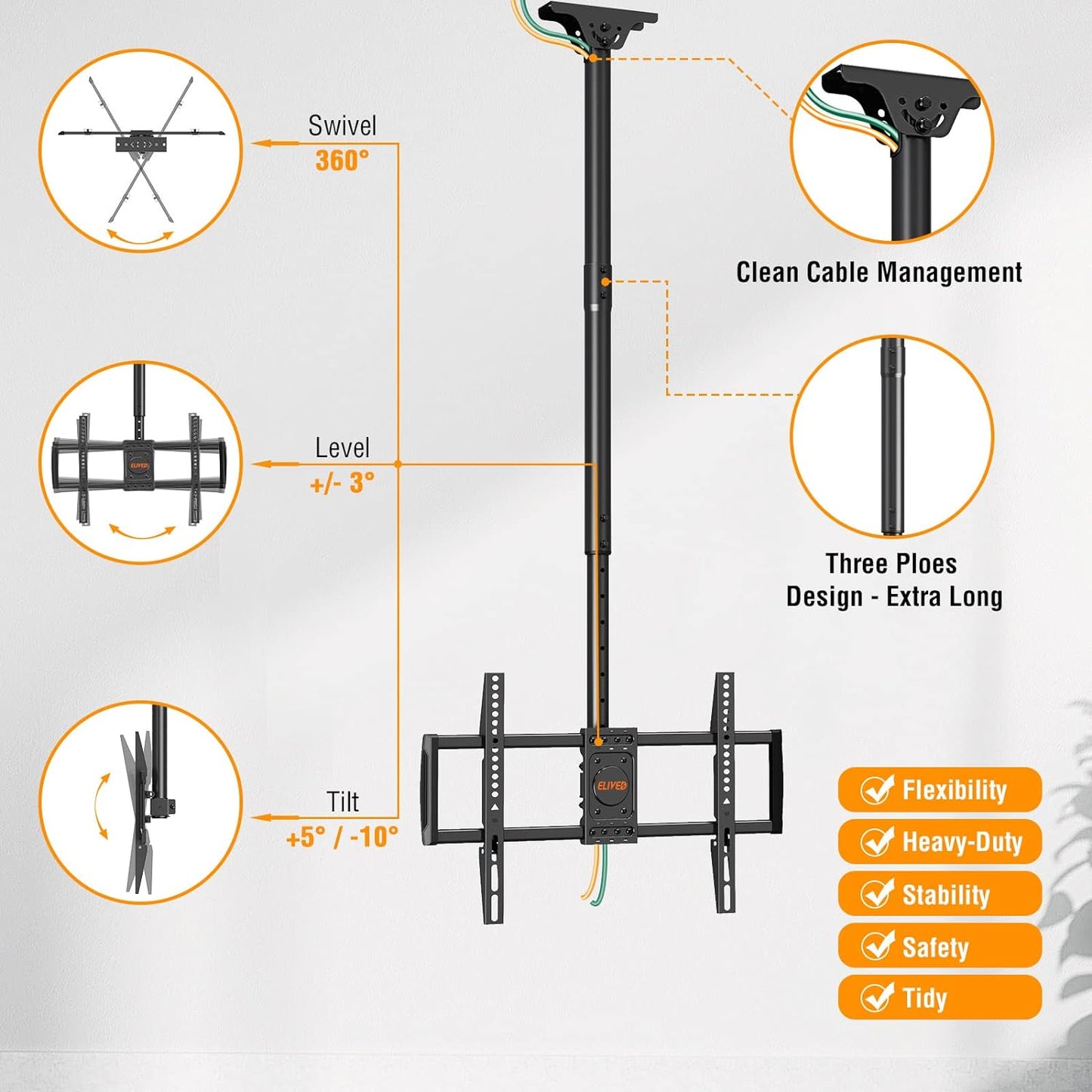 ELIVED Ceiling TV Mount for Most 37-75 Inch LED, LCD OLED Flat Curved TVs, Height Adjustable Full Motion TV Mount, Hanging TV Bracket Swivel and Tilt, Holds up to 110 lbs, Max VESA 600x400mm YD3016