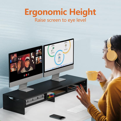 ErgoFocus Large Dual Monitor Stand Riser, 2 Tiers Monitor Riser with Cellphone Holder, Wood Monitor Riser with 3 Shelf Storage, Monitor Stand Riser for 2 Monitors, Multi Screen Stand for Home Office