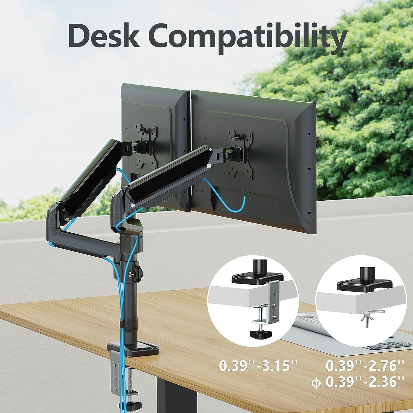 ErgoFocus Dual Monitor Mount for 13 to 32" Computer Screen, Gas Spring Monitor Stands for 2 Monitors Hold up to 19.8lbs Each, Height Adjustable Dual Monitor Desk Mount, VESA Mount 75x75/100x100 mm