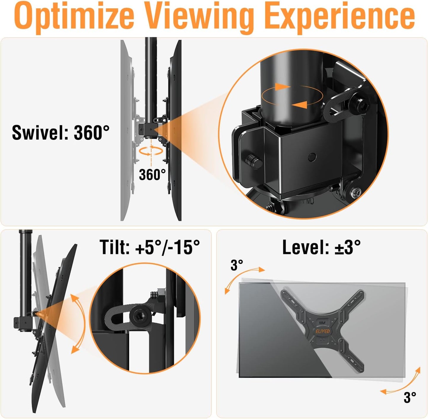 ELIVED Ceiling TV Mount Fits Most 26-65 Inch LED, LCD OLED Flat Screen TVs, Full Motion Height Adjustable TV Mount Bracket, Swivel and Tilt TV Bracket, Max VESA 400x400mm, Holds up to 99 lbs.