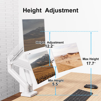 ErgoFocus Dual Monitor Mount Fits 13 to 32 Inch Computer Screen, Dual Monitor Arm Hold up to 19.8lbs Each, Full Motion Monitor Desk Mounts for 2 Monitors, Gas Spring Monitor Stand, VESA Mount, White