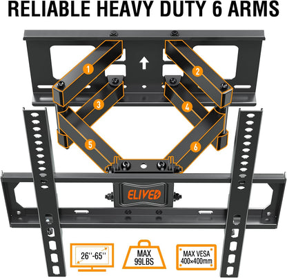 ELIVED UL Listed TV Wall Mount for Most 26-65 Inch TVs, Full Motion TV Mount with Swivel and Tilt, Wall Mount TV Bracket with Dual Articulating Arms, Max VESA 400x400mm, Holds up to 99 lbs.