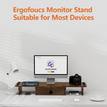 ErgoFocus Dual Monitor Stand Riser with Drawer-Adjustable Length and Angle, Monitor Stand Riser for 2 Monitors, Desktop Organizer Stand for Computer/Laptop/PC/Printer (Rust Brown)