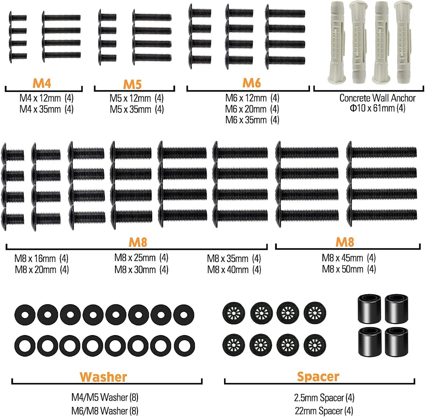 ELIVED Universal TV Mounting Hardware Kit, Fits TVs up to 80 Inch, Includes M4 M5 M6 M8 Screws, Washers, Spacers and Concrete Wall Anchors, Compatible for Most Flat/Curved TV/Monitor Mount. YD1013