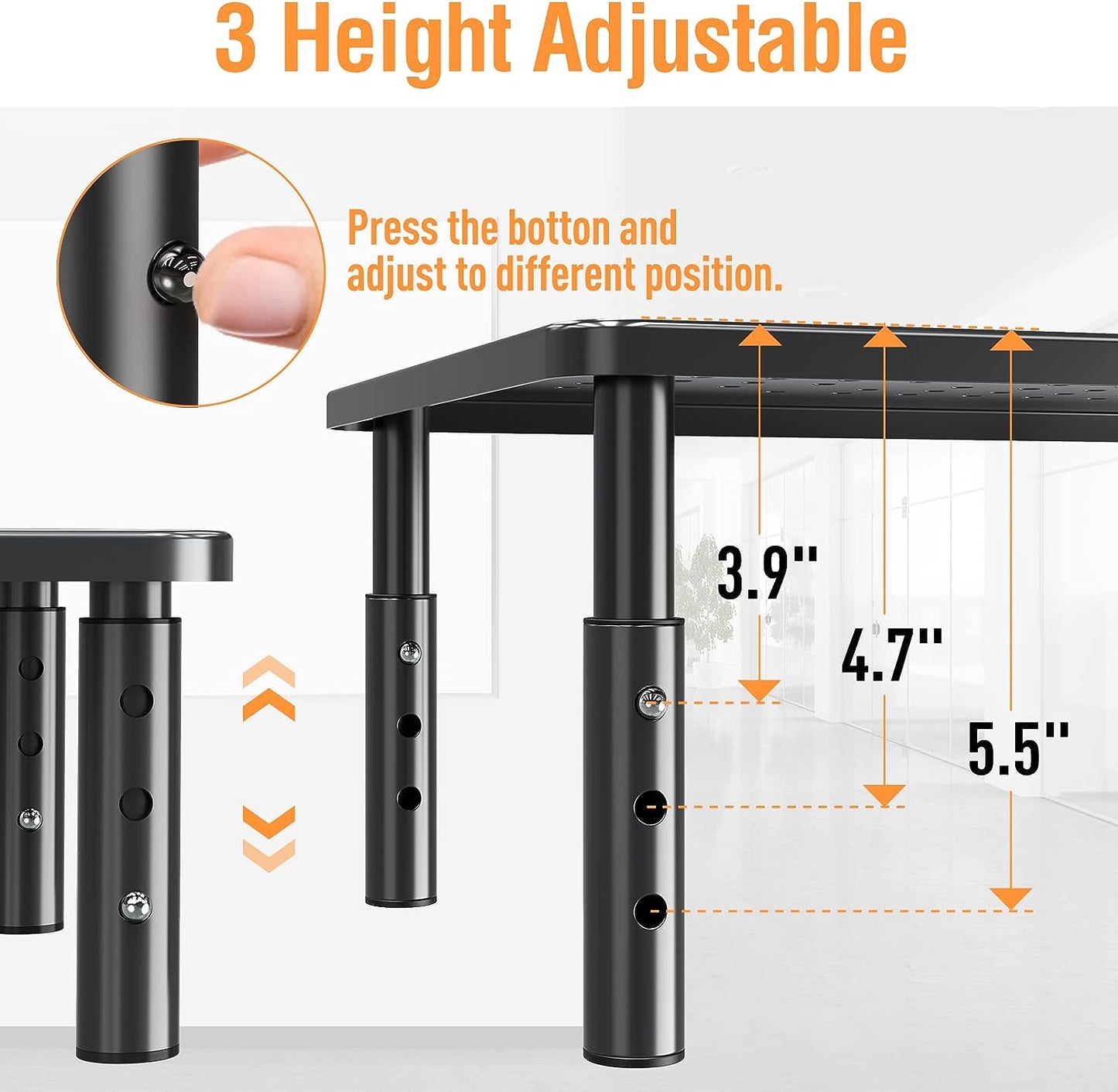 ELIVED 2 Pack Monitor Stand Riser - 3 Height Adjustable Monitor Stand for Laptop, Computer, PC, Printer, Mesh Metal Monitor Riser for Desktop Organizer.