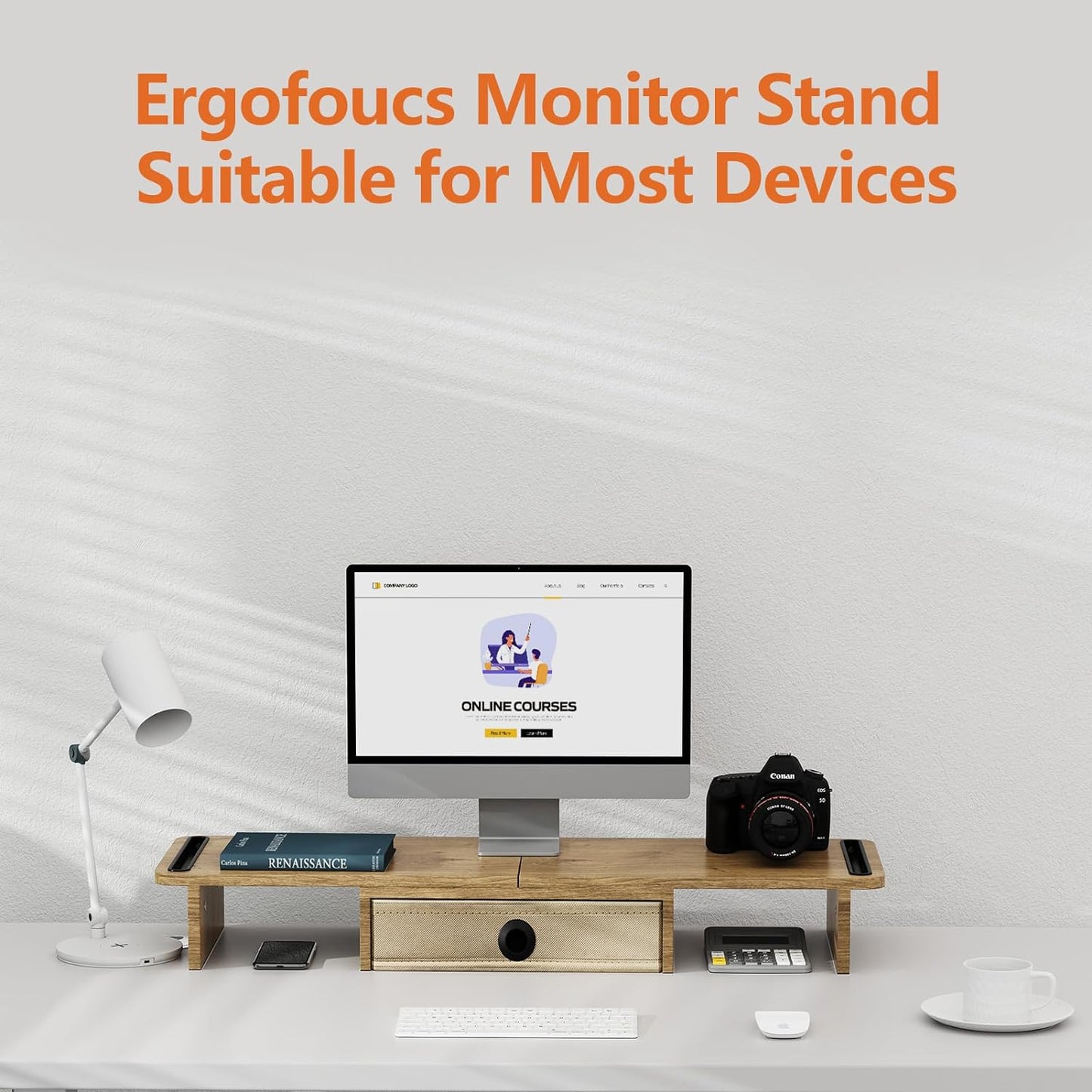 ErgoFocus Dual Monitor Stand Riser with Drawer-Adjustable Length and Angle, Monitor Stand Riser for 2 Monitors, Desktop Organizer Stand for Computer/Laptop/PC/Printer (Oak)