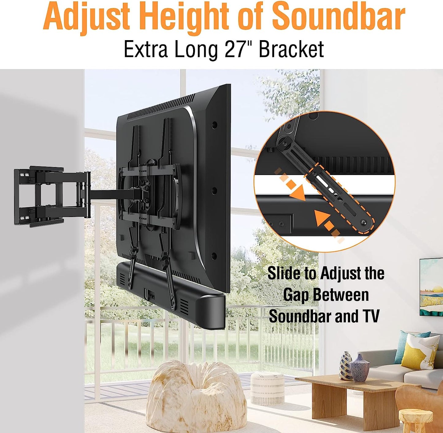 ELIVED Soundbar Mount, Sound Bar TV Bracket, for Mounting Above or Under TV, Fits Most Sound Bars Up to 15 Lbs, Tool-Free Knob Adjustable, for 23-90" TVs with Detachable Extension Arms and L-Brackets