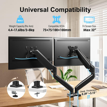 ErgoFocus Dual Monitor Mount Fits 13 to 32 Inch Computer Screen, Dual Monitor Arm Hold up to 19.8lbs Each, Full Motion Monitor Desk Mounts for 2 Monitors, Gas Spring Monitor Stand, VESA Mount