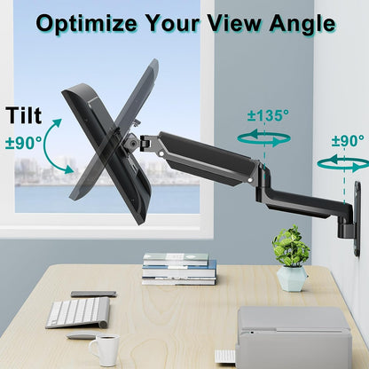 ErgoFocus Monitor Wall Mount Fits 17-32 Inch Flat/Curved Computer Screens, Single Monitor Wall Arm Holds up to 19.8lbs, Height Adjustable Gas Spring Wall Monitor Stand Tilt, VESA Mount 75x75/100x100