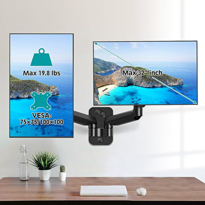 ErgoFocus Dual Monitor Wall Mount for 13 to 32 Inch Computer Screens, Monitor Mounts for 2 Monitors Holds Up to 19.8lbs Each,Full Motion Gas Spring Monitor Arm with VESA 75x75/100x100