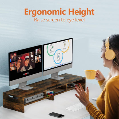 ErgoFocus Large Dual Monitor Stand Riser, 2 Tiers Monitor Riser with Cellphone Holder, Wood Monitor Riser with 3 Shelf Storage, Monitor Stand Riser for 2 Monitors, Multi Screen Stand for Home Office