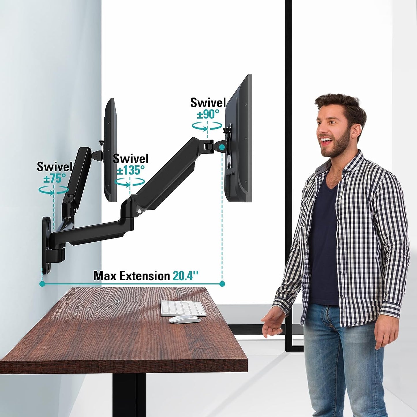 ErgoFocus Dual Monitor Wall Mount for 13 to 32 Inch Computer Screens, Monitor Mounts for 2 Monitors Holds Up to 19.8lbs Each,Full Motion Gas Spring Monitor Arm with VESA 75x75/100x100