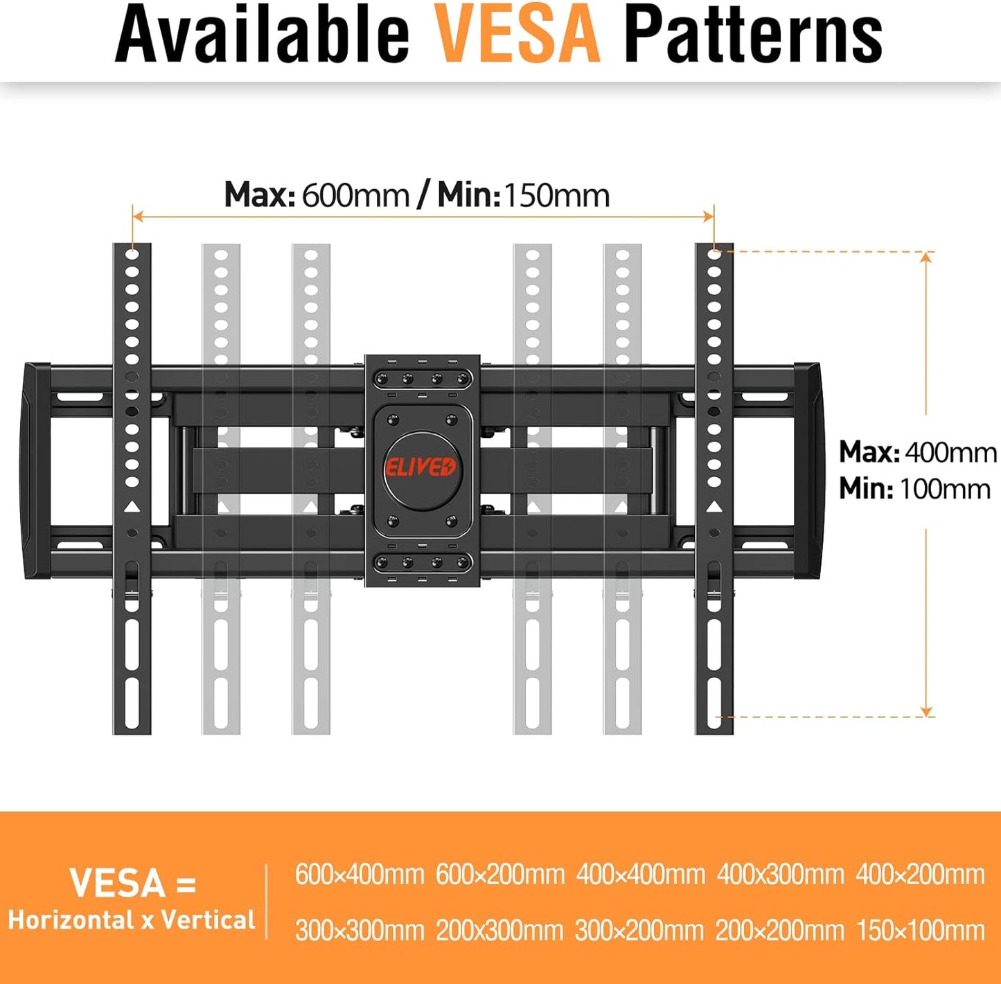 ELIVED TV Wall Mount for Most 37-75 Inch LED, LCD, OLED TVs, Full Motion TV Mount Fit 16", 18", 24" Studs, Wall Mount TV Bracket Swivel and Tilt with Articulating 6 Arms, Max VESA 600x400mm, 99 lbs.