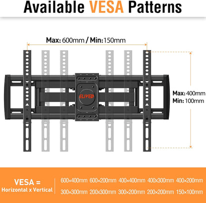 ELIVED TV Wall Mount for Most 37-75 Inch LED, LCD, OLED TVs, Full Motion TV Mount Fit 16", 18", 24" Studs, Wall Mount TV Bracket Swivel and Tilt with Articulating 6 Arms, Max VESA 600x400mm, 99 lbs.