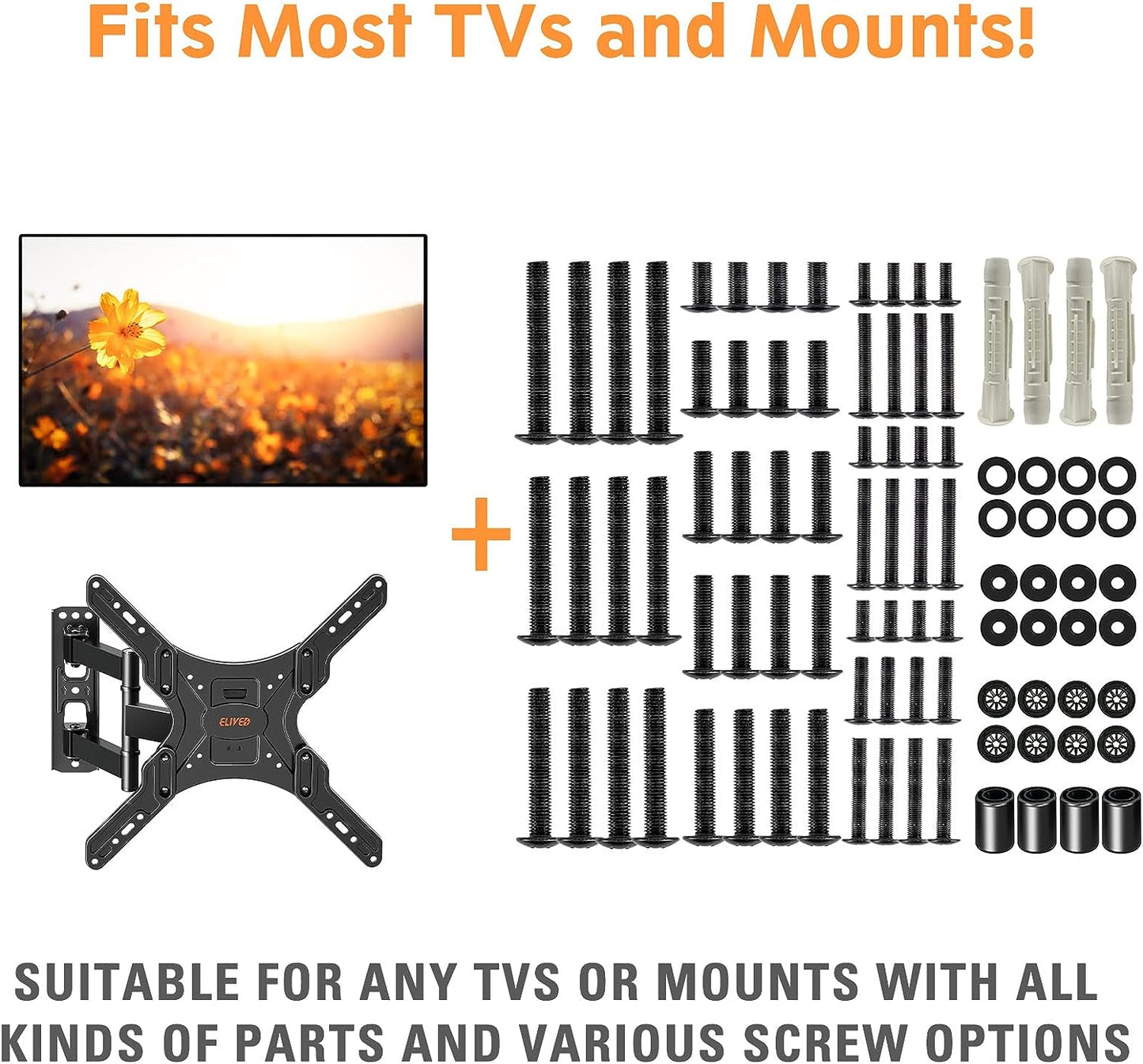 ELIVED Universal TV Mounting Hardware Kit, Fits TVs up to 80 Inch, Includes M4 M5 M6 M8 Screws, Washers, Spacers and Concrete Wall Anchors, Compatible for Most Flat/Curved TV/Monitor Mount. YD1013