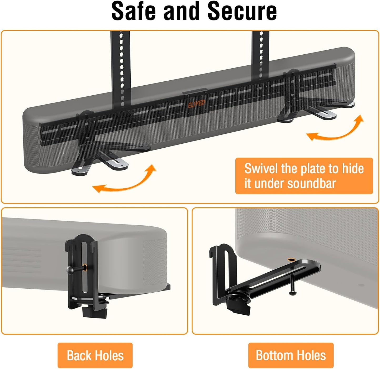 ELIVED Soundbar Mount, Soundbar Mounting Bracket Under TV, Sound Bar TV Mount with L-Brackets Swivel to fit Soundbars with/Without Holes, 31.5" Long Brackets for Most TVs, 15 Lbs Loading, YD5012