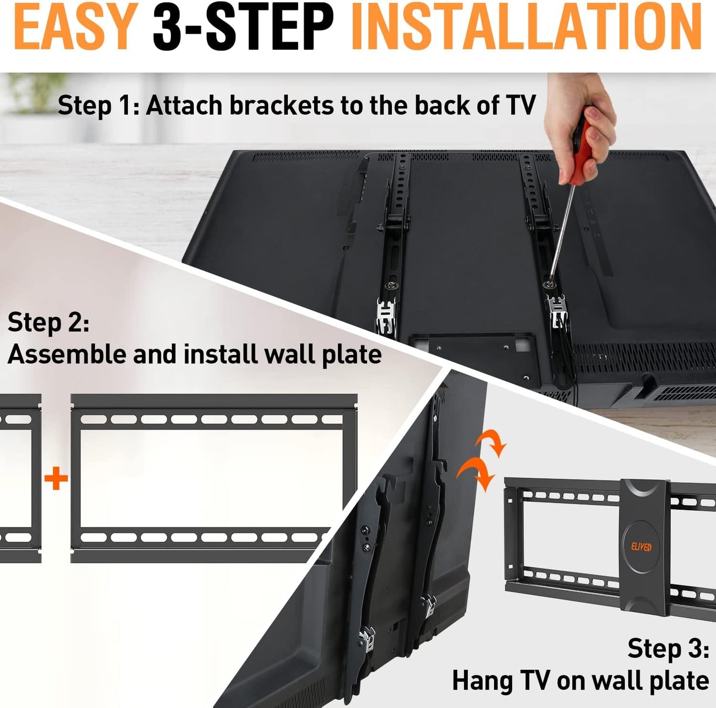 ELIVED UL Listed TV Wall Mount for Most 37-75 Inch Flat Screen Curved TVs, Universal Tilt TV Mount fits 16”, 18”, 24” Studs, Low Profile TV Bracket Max VESA 600x400mm, Loading Capacity 99 lbs. /45kg