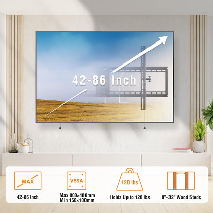 ELIVED TV Wall Mount for Most 42-86 Inch TVs, Max Load Capacity 120 lbs. Tilting TV Mount with Level Adjustment, TV Brackets for Wall Mount Max VESA 800x400mm, Fits 8-32 Inch Studs.