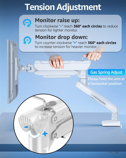 Freelift Single Arm Monitor Desk Mount for 13-32 inch Screen, Tool Free Height Adjustable Gas Spring Arm, Gaming Monitor Arm Holds 2-9kg, VESA 75 & 100mm, C-clamp & Grommet Options, White