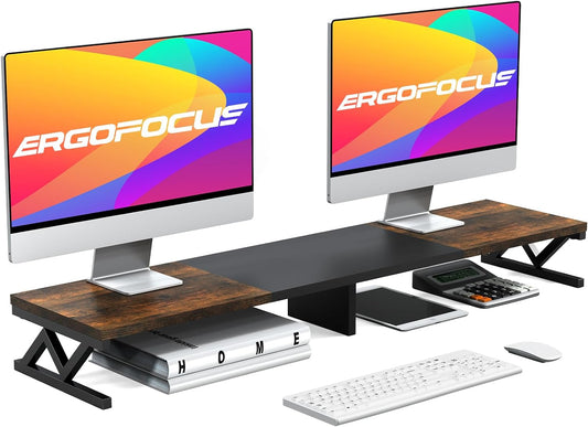 ErgoFocus Dual Monitor Stand Riser, Large Wood Monitor Riser for 2 Monitors, Monitor Lift with Storage for Desk, Sturdy Wood&Steel Multi Screen Stand, Desktop Organizer Monitor Stand for Computer